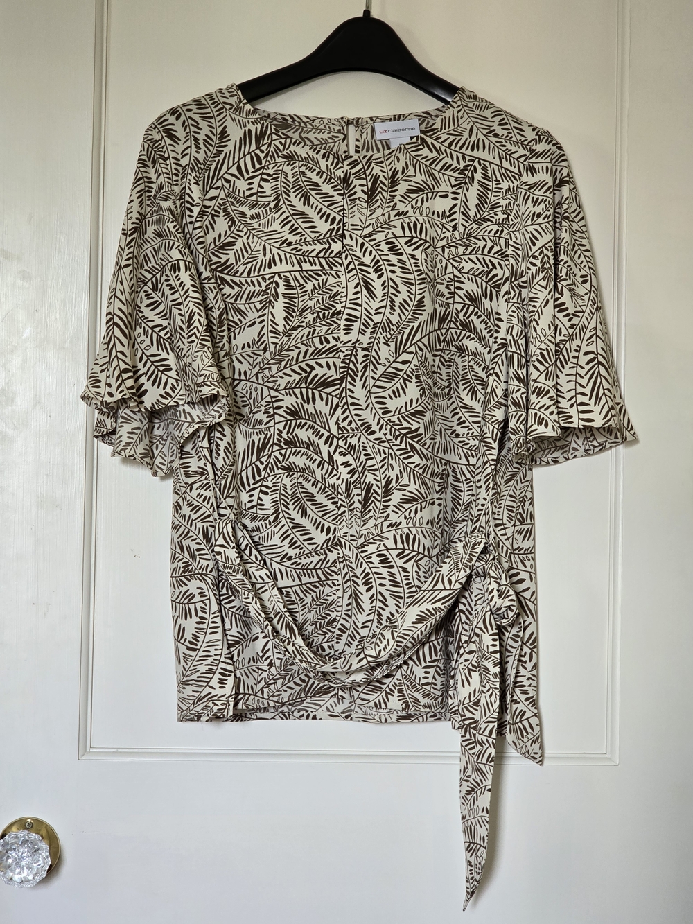 Liz Claiborne Cream Blouse with Brown Leaf Print and Side Tie MED